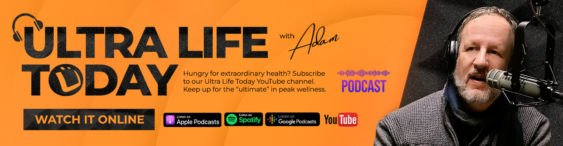 Ultra Botanica founder and CEO Adam Payne sits in front of a microphone. Listen to the Ultra Today podcast.