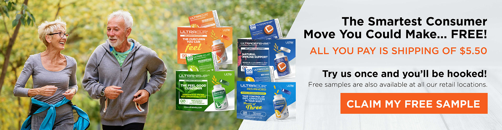 Couple jogging and smiling. Try free sample of Ultra Products.