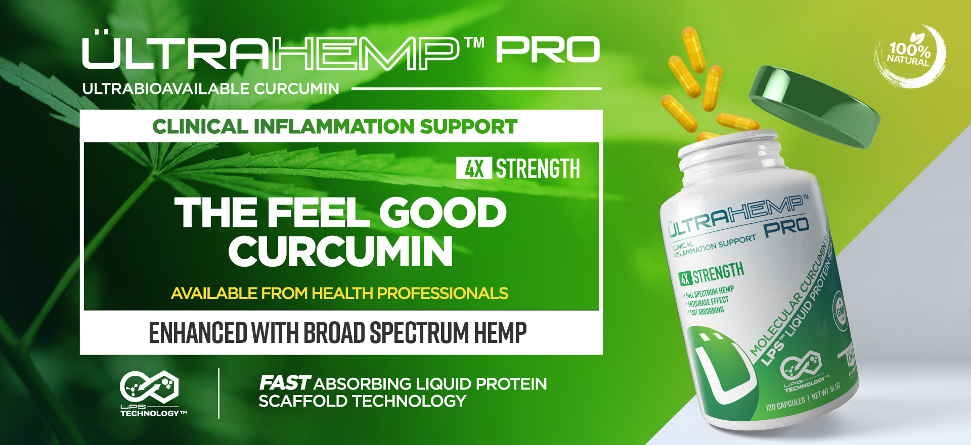 A bottle of UltraHemp Pro explodes with capsules. Clinical inflammation support. Enhanced with broad spectrum hemp.