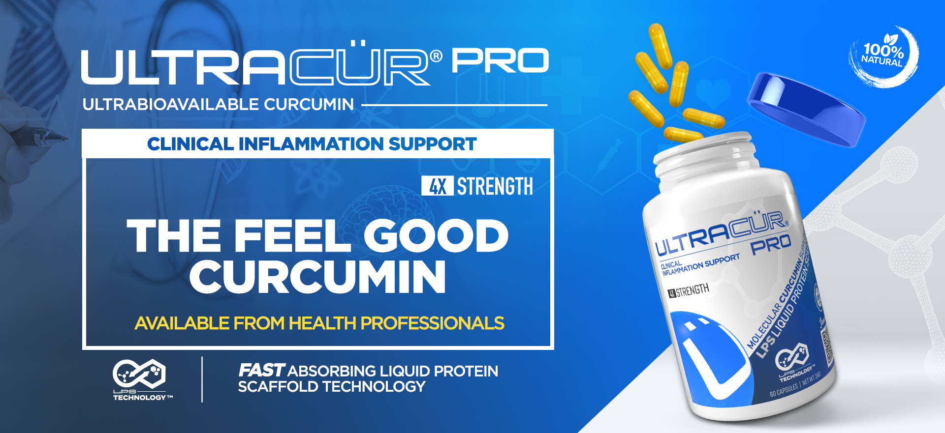 A bottle of UltraCur-Pro explodes with capsules. The feel good curcumin. 4x the strength.